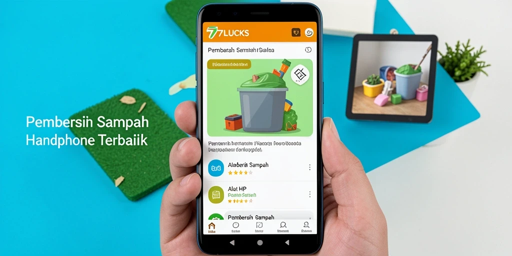 Antarmuka aplikasi <strong>77LUCKS</strong> yang menampilkan proses pembersihan sampah.