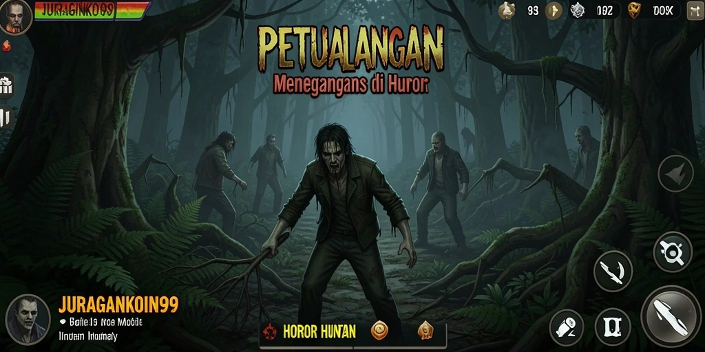 Antarmuka pengguna JURAGANKOIN99 yang menyeramkan saat menjelajahi hutan.